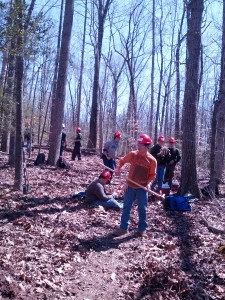 Nawakwa Lodge members building a five-mile hiking trail loop with an ADA accessible shelter at Albright Scout Reservation
